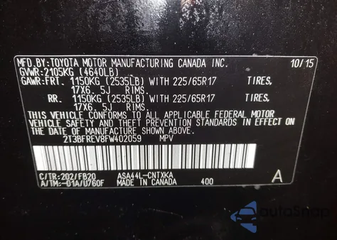 2015 Toyota Rav4 Le from USA, damaged, VIN 2T3BFREV8FW402059
